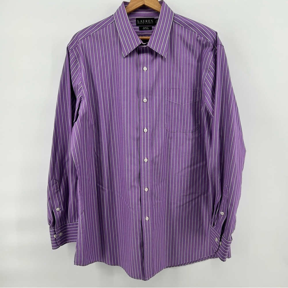 Lauren Ralph Lauren Slim Fit Shirt Mens 17.5 34/35 Purple Stripe Dress